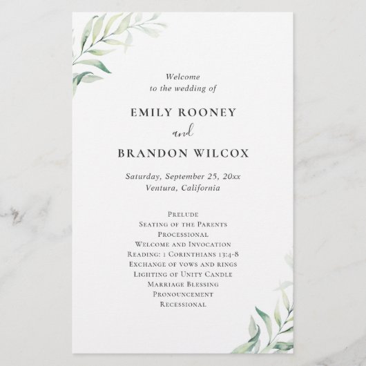 Sage Eucalyptus Elegant Wedding Programme (Voorkant)