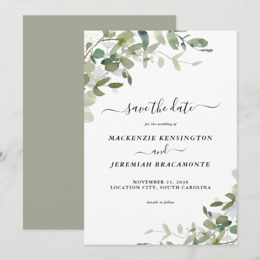 Sage Eucalyptus Greenery Wedding Save the Date (Voorkant / Achterkant)