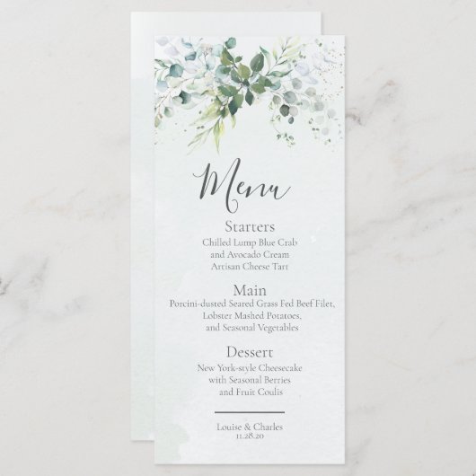 Sage Eucalyptus groen Eenvoudige chique bruiloft Menu (Voorkant / Achterkant)