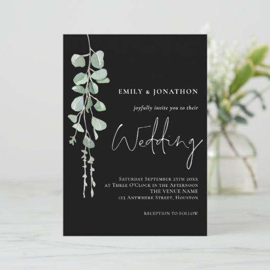 Sage Eucalyptus Modern Script Black Wedding Kaart (Staand voorkant)