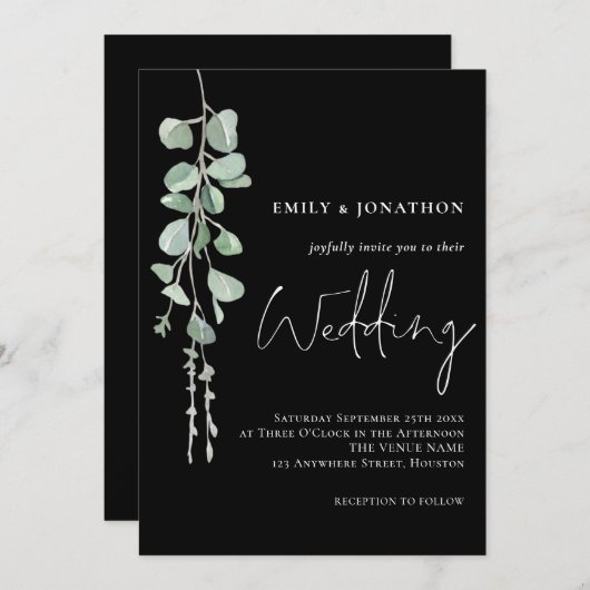 Sage Eucalyptus Modern Script Black Wedding Kaart (Voorkant / Achterkant)