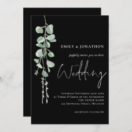 Sage Eucalyptus Modern Script Black Wedding Kaart
