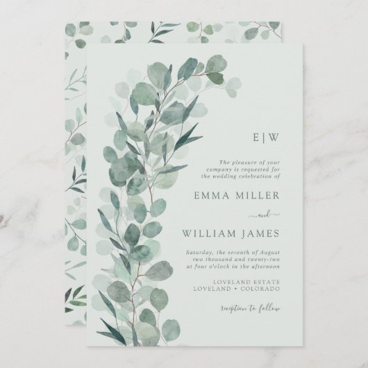 Sage Eucalyptus Monogrammed Bruiloft Kaart (Voorkant / Achterkant)