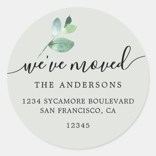 Sage Eucalyptus We’ve Moved Round Address Label (Voorkant)