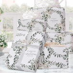 Sage Eucalyptus Wedding toevoegen Namen en felicit Cadeaupapier<br><div class="desc">Een sage groene eucalyptus met een stompzinnig roos en witbloemen bruiloft met daarop de woorden "Gefeliciteerd" en de namen van de bruid en de bruidegom met hun numerieke trouwdatum op dit verpakkingspapier.</div>