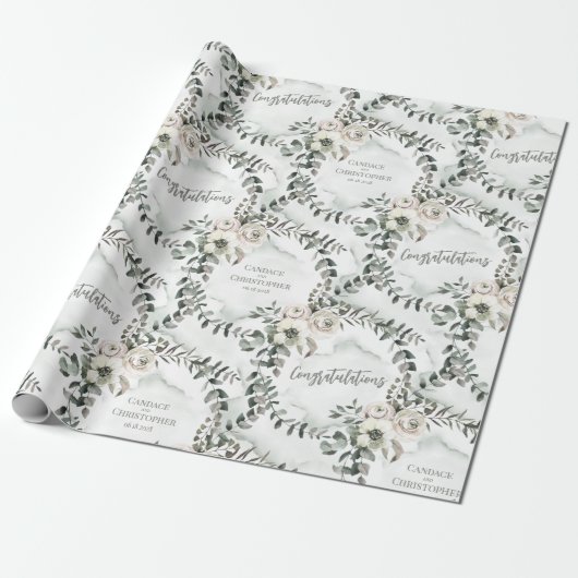 Sage Eucalyptus Wedding toevoegen Namen en felicit Cadeaupapier (Uitgerold)