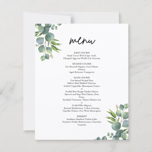 Sage Eucalyptus Woodland Wedding Menu (Voorkant)
