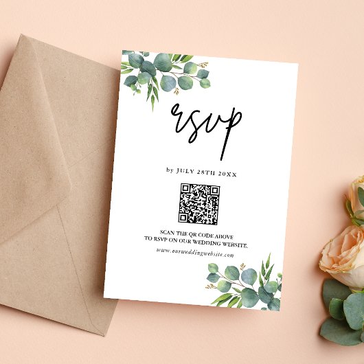 Sage Eucalyptus Woodland Wedding QR-code RSVP Kaartje