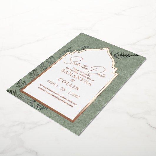 Sage Evergreen Fern Botanical Bewaar de datum Folie Uitnodiging (Gedraaid)