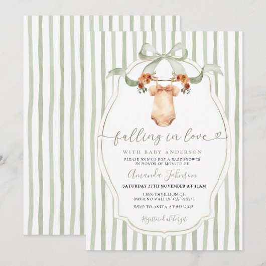 Sage Falling In Love Clothesline Baby shower Kaart (Voorkant / Achterkant)