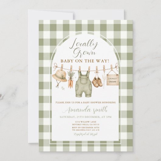 Sage Farm Gingham Lokale Babyborrel Kaart (Voorkant)