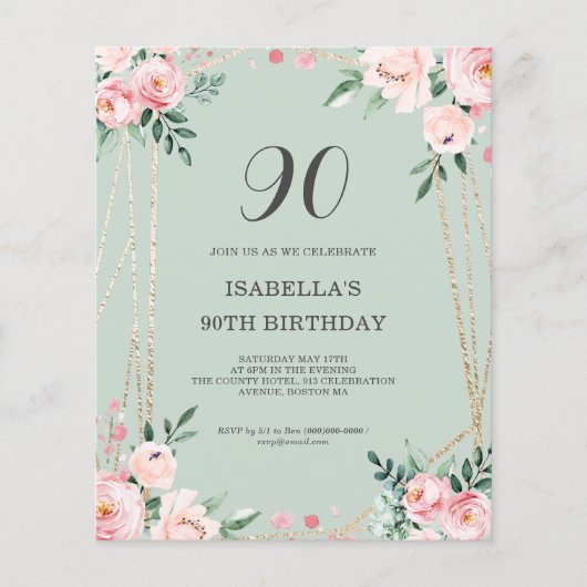 Sage Floral 90th Budget Verjaardag Uitnodiging (Voorkant)