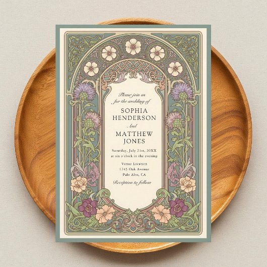 Sage Floral Art Nouveau Wedding Invitation Kaart