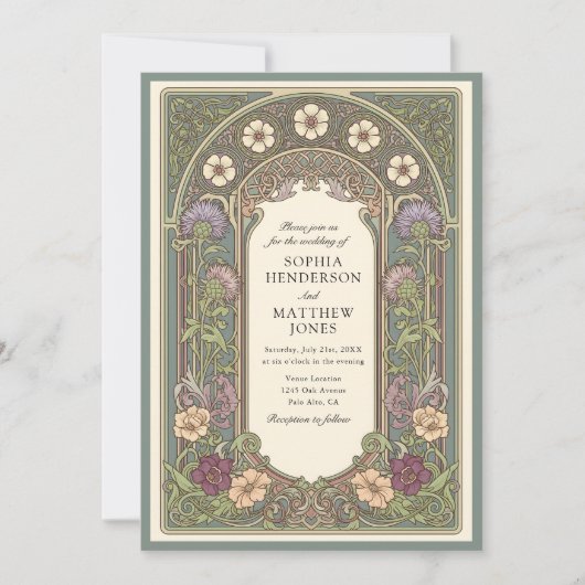 Sage Floral Art Nouveau Wedding Invitation Kaart (Voorkant)