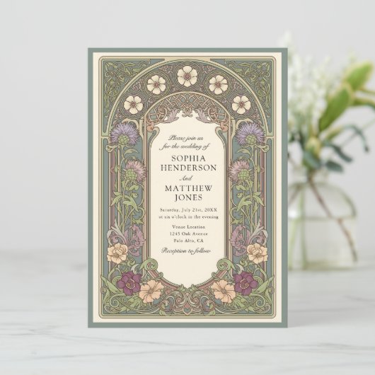 Sage Floral Art Nouveau Wedding Invitation Kaart (Staand voorkant)