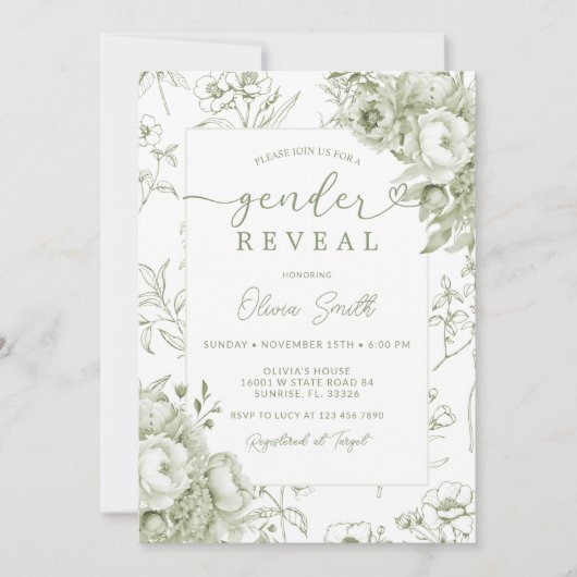 Sage Floral  Chinoiserie Gender Reveal Kaart (Voorkant)