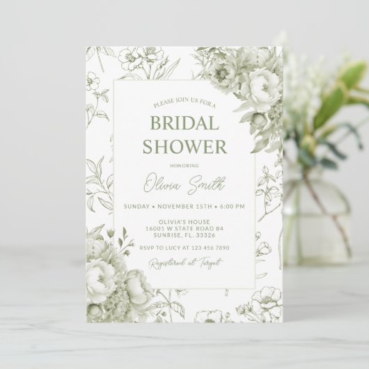 Sage Floral  Chinoiserie Vrijgezellenfeest Kaart (Staand voorkant)