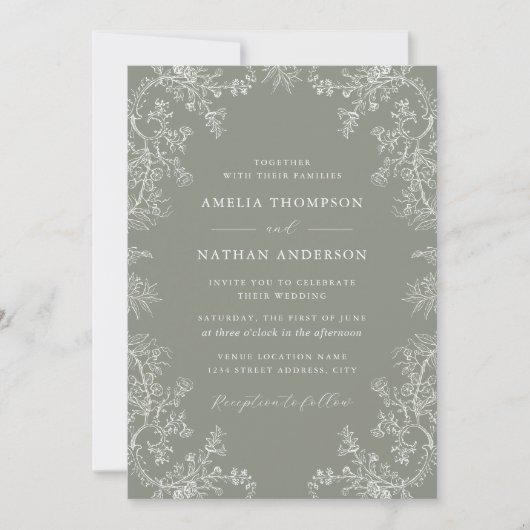 Sage Floral Elegant Wedding  Kaart (Voorkant)