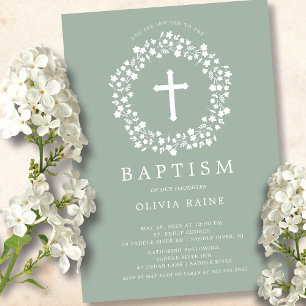 Sage Floral Girls Baptism Invitation Kaart