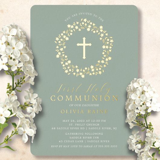 Sage Floral Girls First Community Folie Invitation Uitnodiging