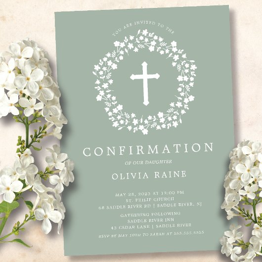 Sage Floral Girls First Confirmation Kaart