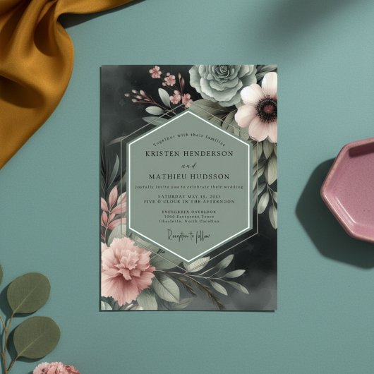 Sage Floral Moody Romance Wedding Kaart