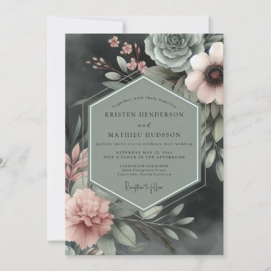 Sage Floral Moody Romance Wedding Kaart (Voorkant)