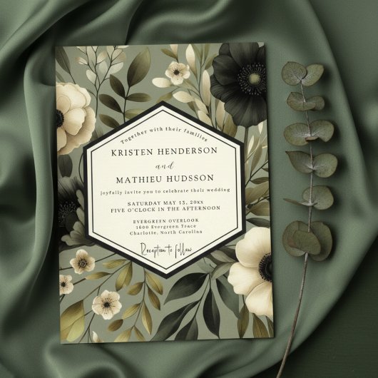 Sage Floral Nocturne Bruiloft Kaart