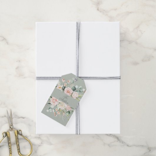 Sage Floral Pink Waterverf Elegant Cadeaulabel (Met Touw)