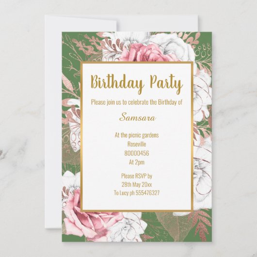 SAGE FLORAL ROOS GOLD BOUQUET BIRTHDAY INVITATION KAART (Voorkant)