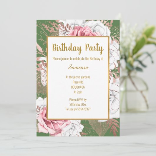 SAGE FLORAL ROOS GOLD BOUQUET BIRTHDAY INVITATION KAART (Staand voorkant)