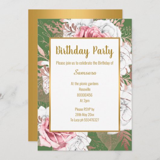 SAGE FLORAL ROOS GOLD BOUQUET BIRTHDAY INVITATION KAART (Voorkant / Achterkant)