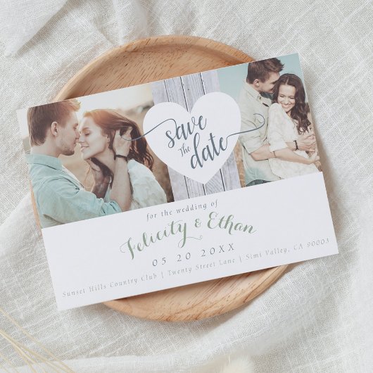 Sage Floral Wood Photo Wedding Save the Date Kaart