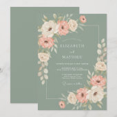 Sage Florale Romantische Bruiloft Kaart (Voorkant / Achterkant)