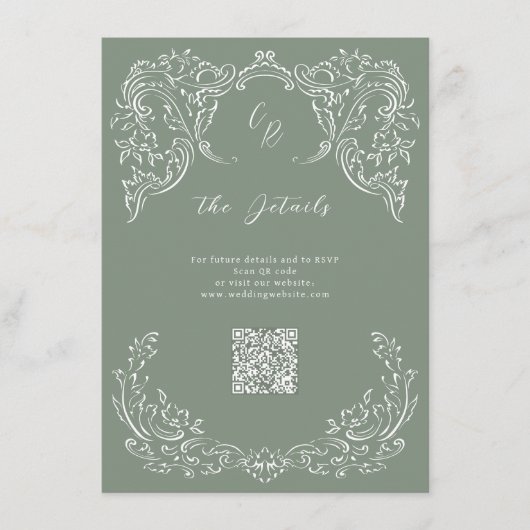 Sage Flourish Monogram Trouwgegevens Informatiekaartje (Voorkant)