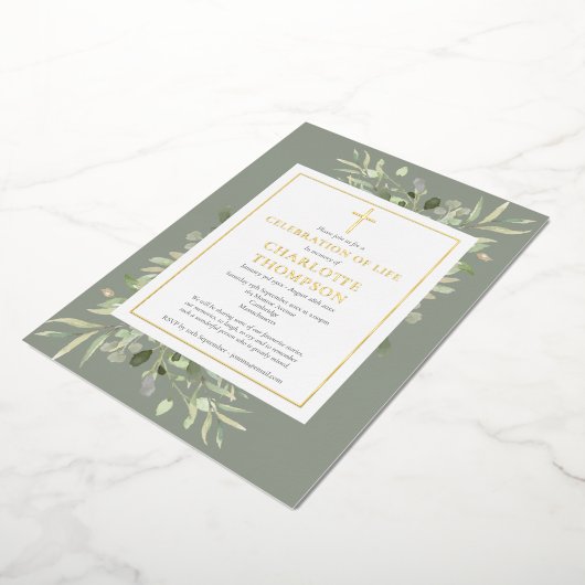 Sage Foliage Christelijk Celebration of Life Photo Folie Uitnodiging (Gedraaid)