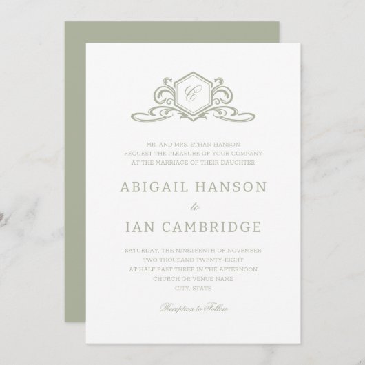 Sage Formele Crest Monogram Elegante Bruiloft Kaart (Voorkant / Achterkant)