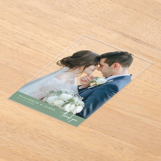 Sage Geen Achtergrond Foto Trouwen Dank u kaart Acryl Uitnodigingen (Laagn)