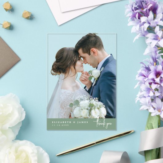 Sage Geen Achtergrond Foto Trouwen Dank u kaart Acryl Uitnodigingen (Insitu (Huwelijk))