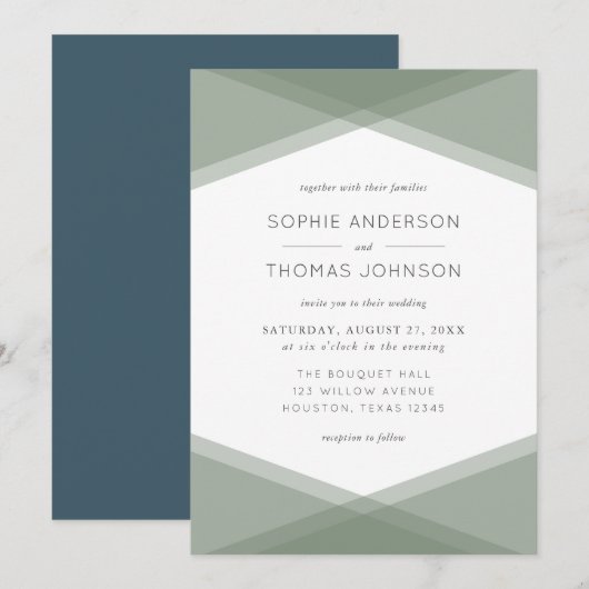 Sage Gelaagde Geometrische en Blauwe Stlate Wedden Kaart (Voorkant / Achterkant)