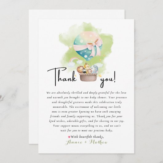 Sage Gender Reveal Baby Animal Safari Dank u Bedankkaart (Voorkant / Achterkant)