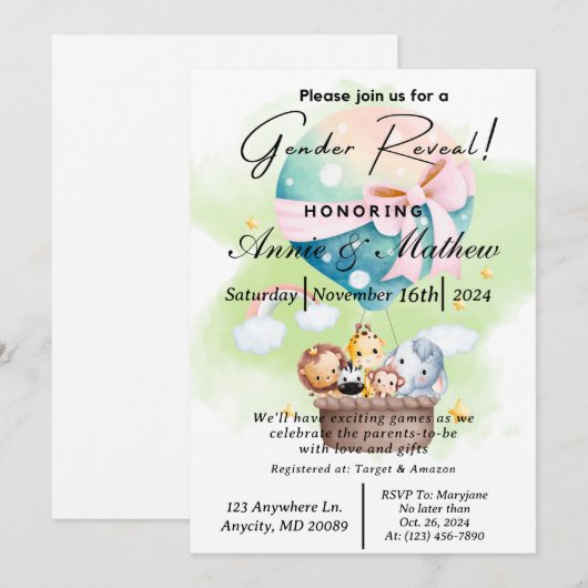 Sage Geslacht Onthul Dierensafari in een Hete Luch Kaart (Voorkant / Achterkant)