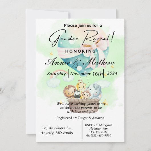 Sage Geslacht Onthul Dierensafari in een Hete Luch Kaart (Voorkant)