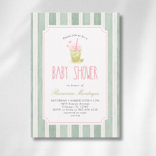 Sage Gestreepte Matcha Bubble Tea Meisje Baby Show Kaart