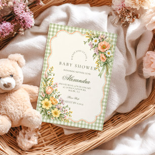 Sage Gingham Baby in Bloom Baby Shower Kaart