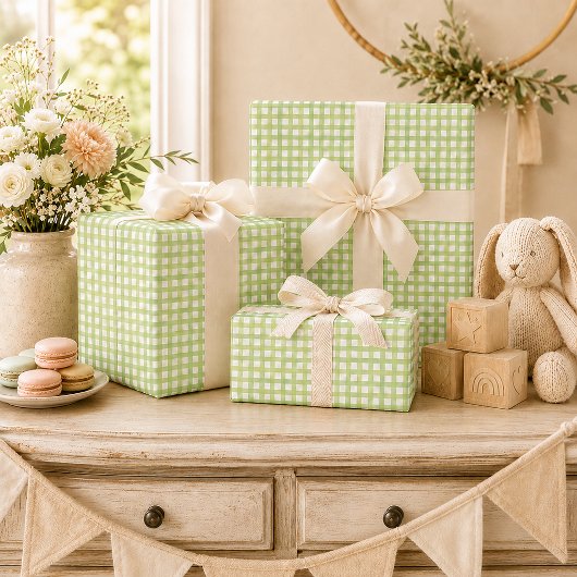 Sage Gingham Baby Shower Cadeaupapier