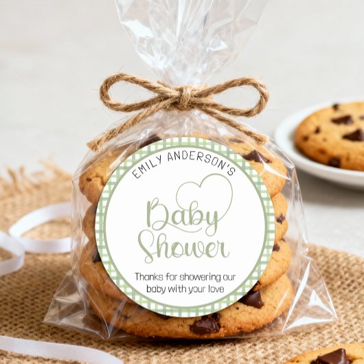 Sage Gingham Baby Shower Favor Sticker