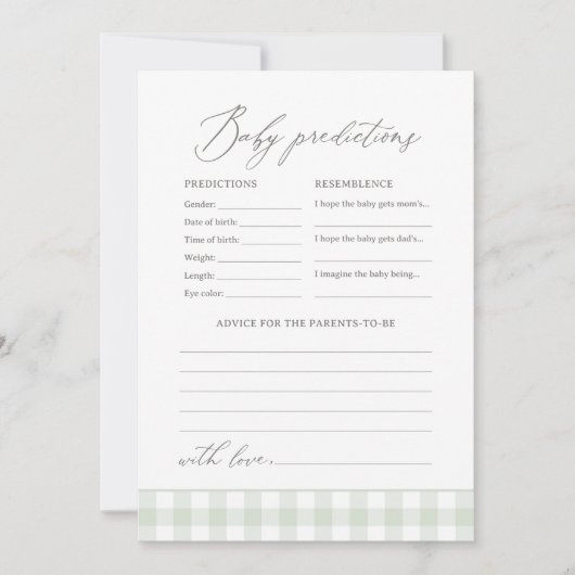 Sage Gingham Baby shower voorspellingen en advies Kaart (Voorkant)