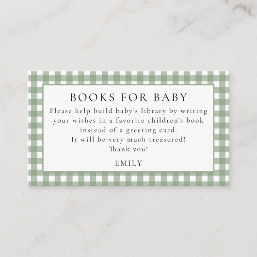 Sage Gingham boeken voor Baby shower Informatiekaartje (Voorkant)