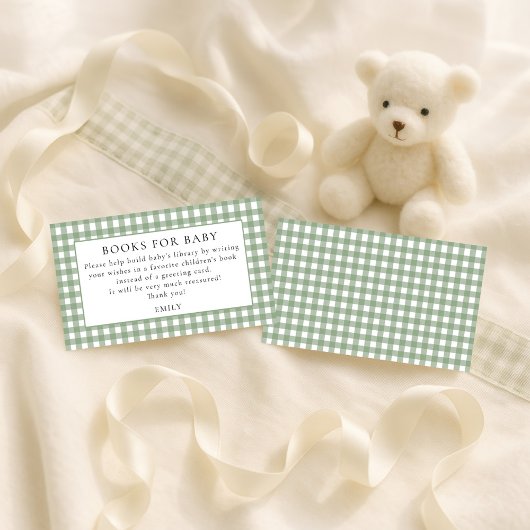 Sage Gingham boeken voor Baby shower Informatiekaartje